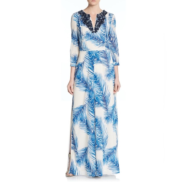 Tory Burch Baltic Sea Feather White Blue Silk Maxi Dress Size 6 - Picture 1 of 16